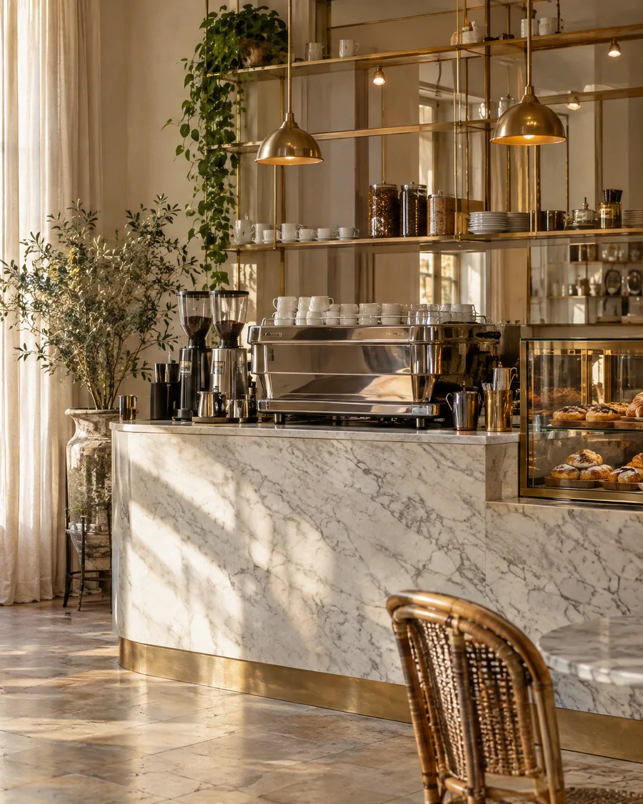 Helles Café mit Marmortheke und Espressomaschine
