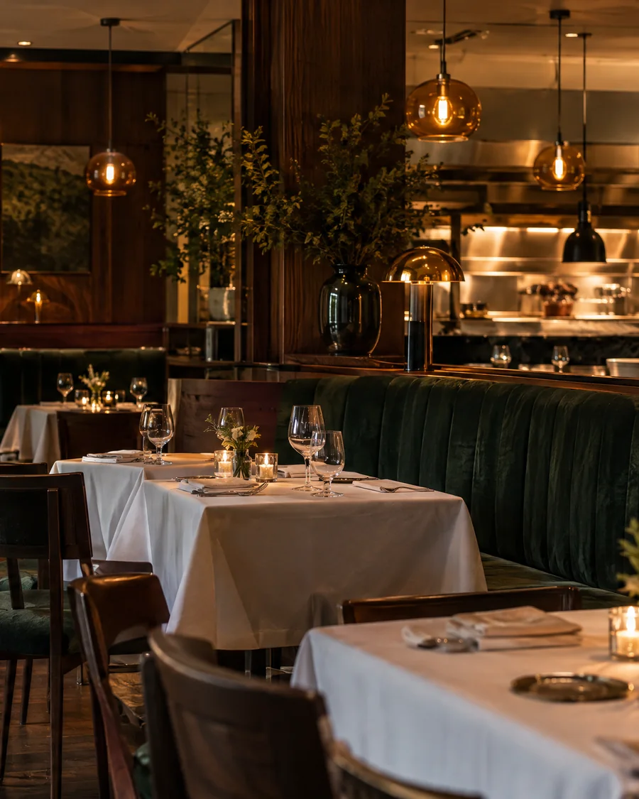 Restaurant am Abend mit gedeckten Tischen